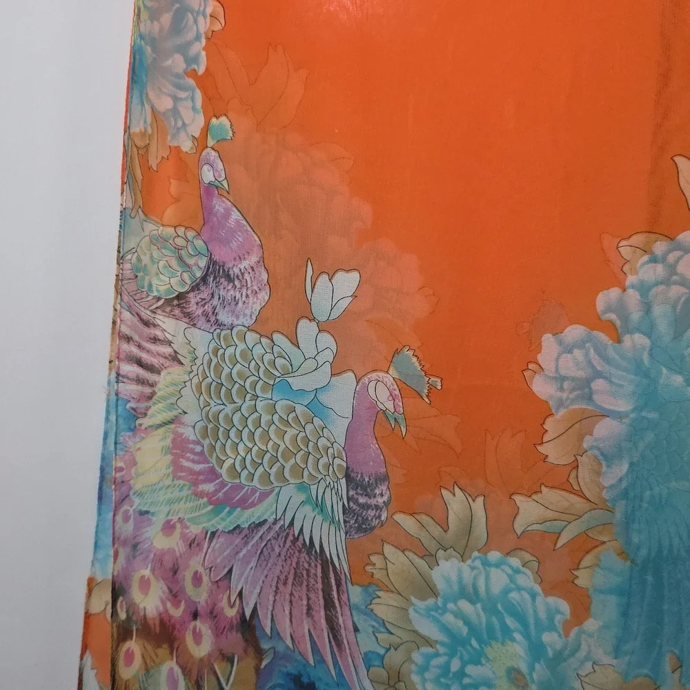 Orange and Blue Floral Scarf, Vibrant, Sheer, 20